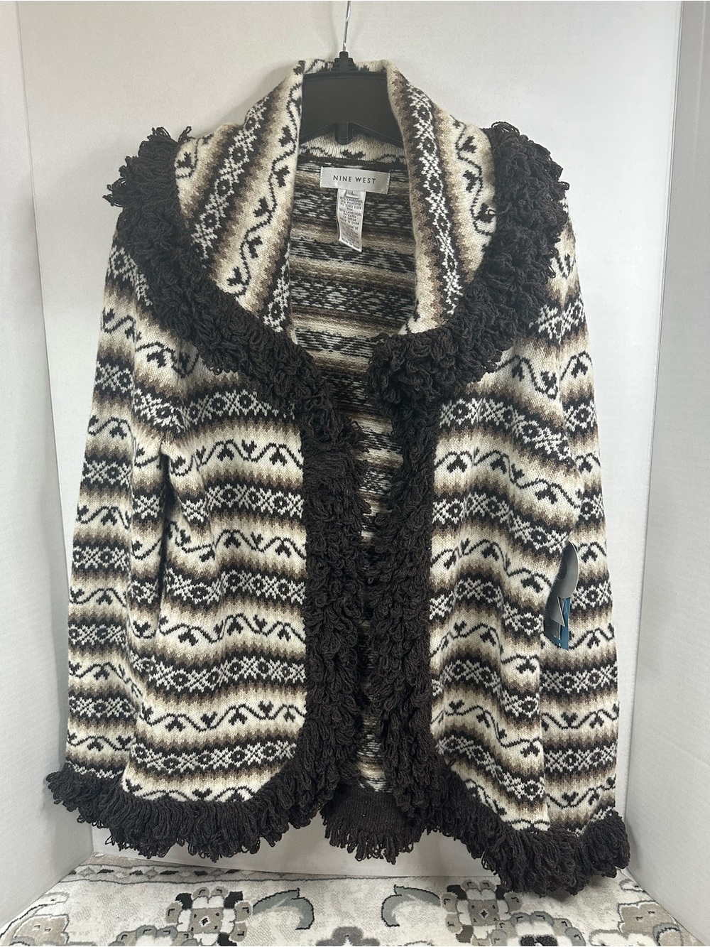 Nine West Cream and Brown Fringe Shawl Cardigan, size Large, NWT